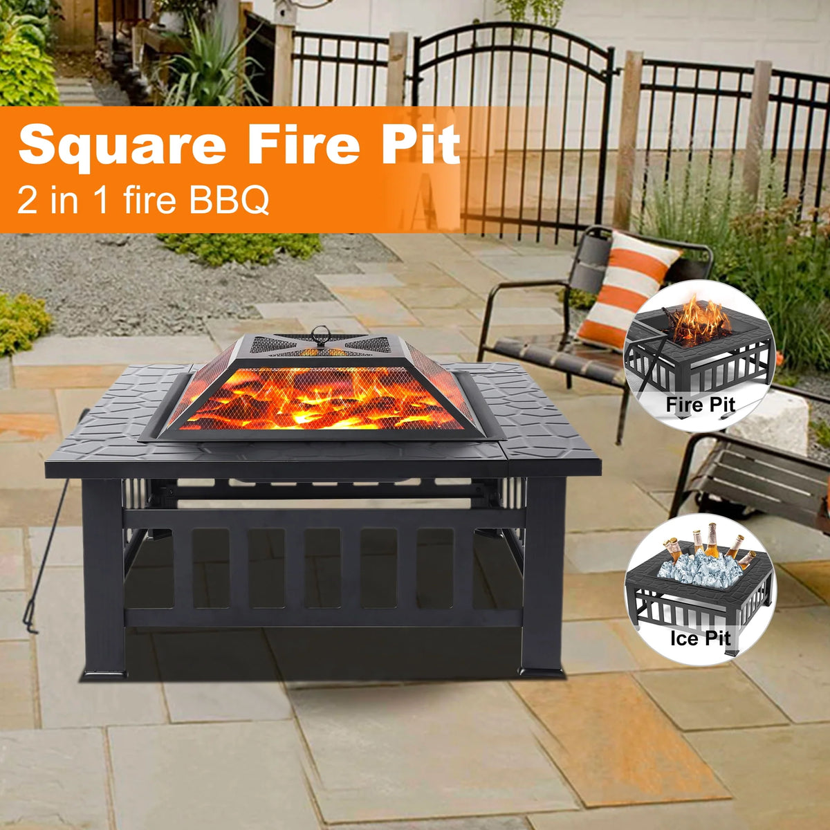 32 Square Metal Fire Pit Table with Spark Screen & Log Poker R774075