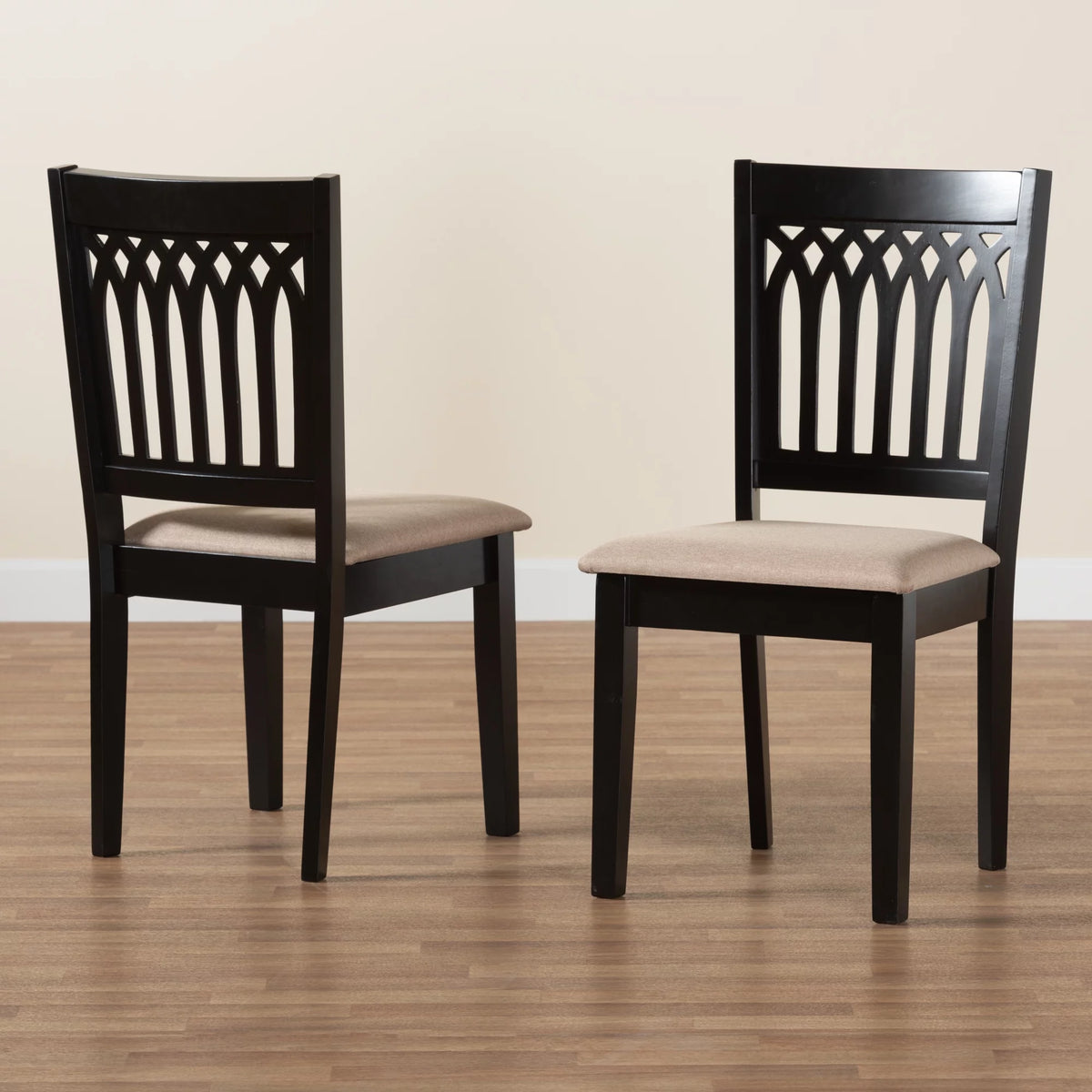 Beige Fabric Dark Brown Wood 2-Piece Dining Chair Set Z6067