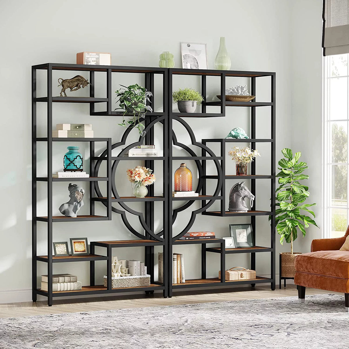 75 Inch Tall 11-Shelves Staggered Brown Bookshelf X272