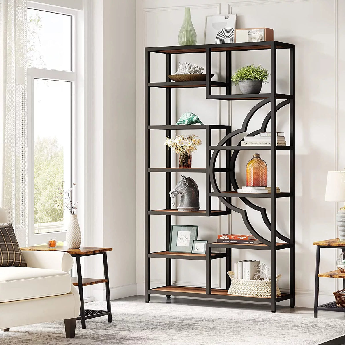 75 Inch Tall 11-Shelves Staggered Brown Bookshelf X272