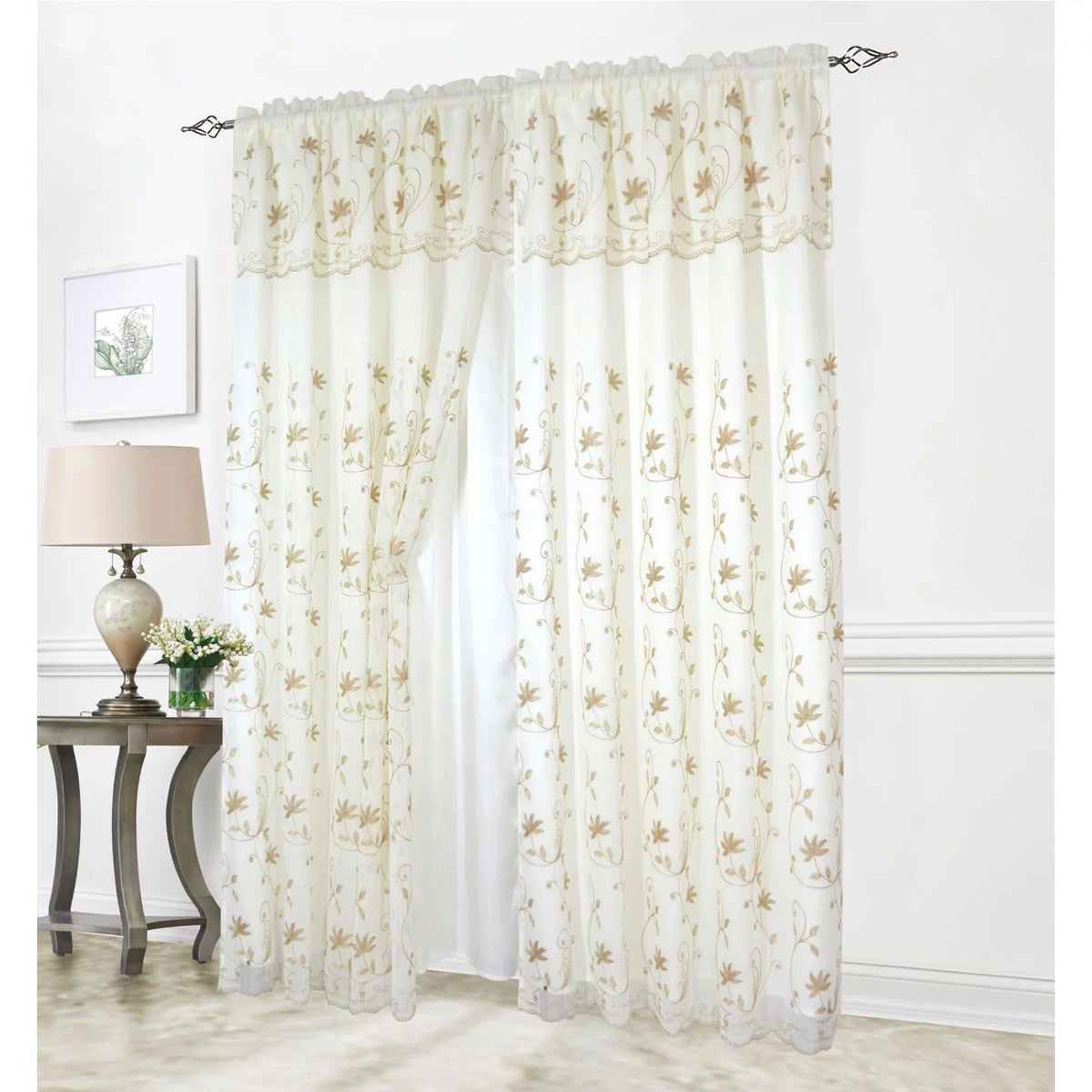 Floral Embroidered Rod Pocket Window Panel with Valance and Backing, Beige/Taupe, 54x90 Inches M80687
