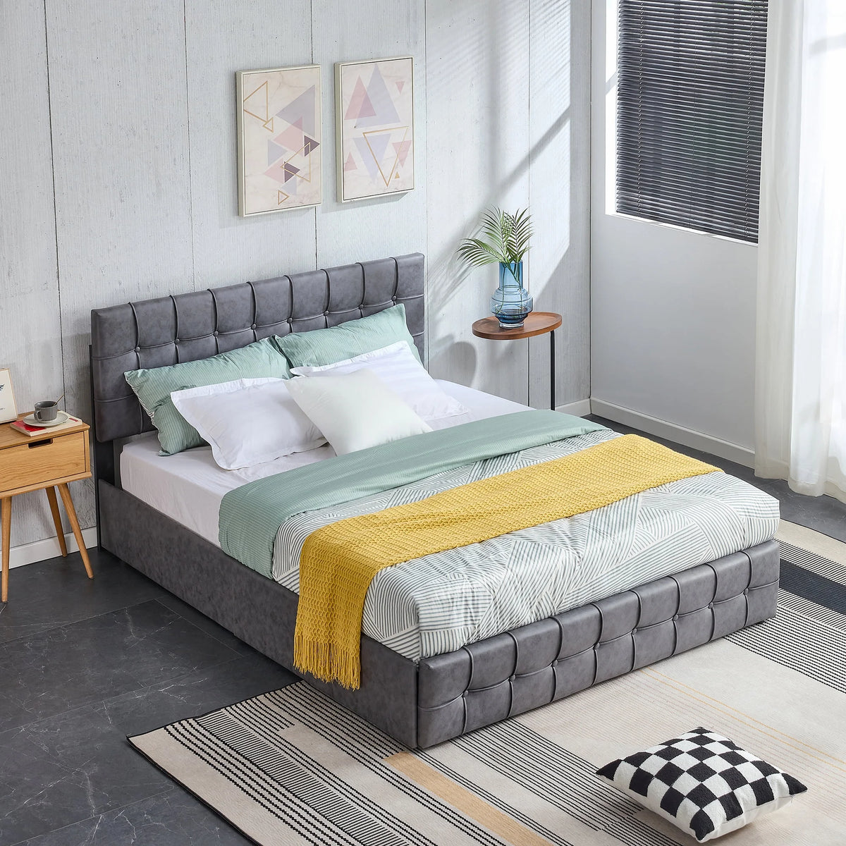 Queen Size Grey Upholstered Platform Bed Frame with 4 Storage Drawers D234