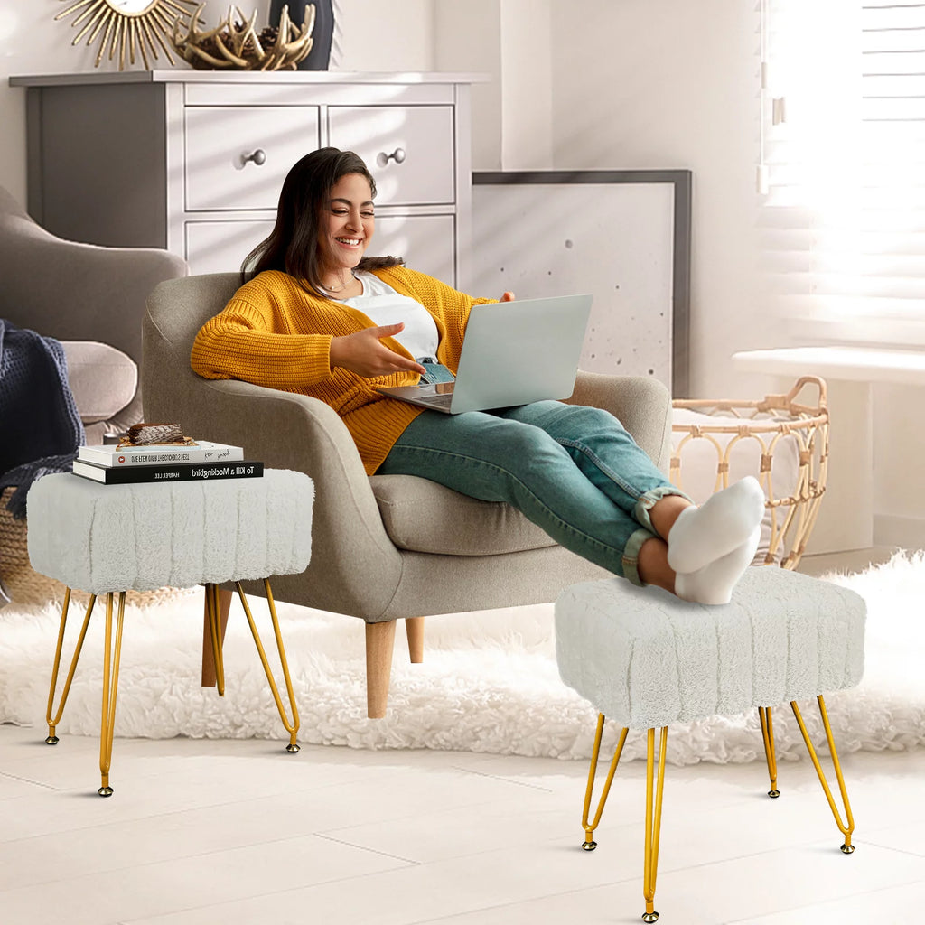 Square Faux Mink Upholstered Ottoman with Gold Legs H181019