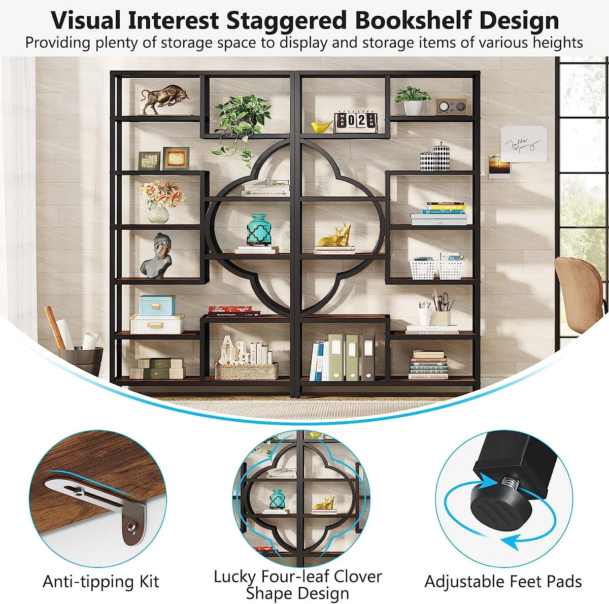 75 Inch Tall 11-Shelves Staggered Brown Bookshelf X272