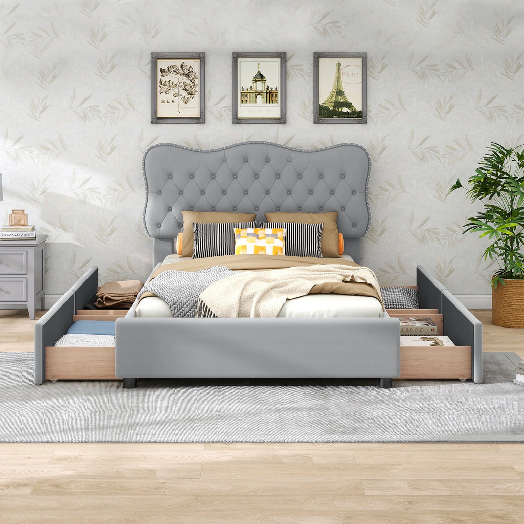 White Upholstered Queen Bed with 4 Drawers M892642