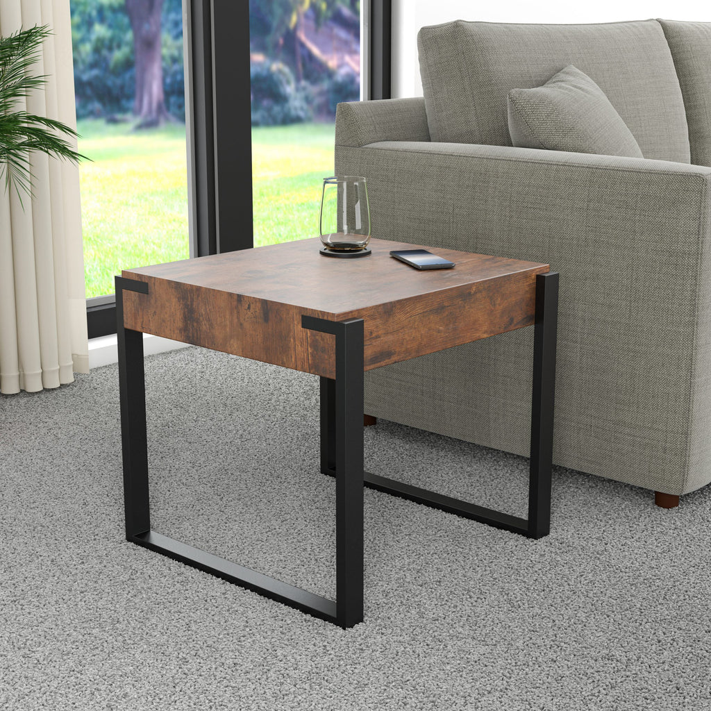 Dark Rustic Wood Black Metal Legs Side Table J546