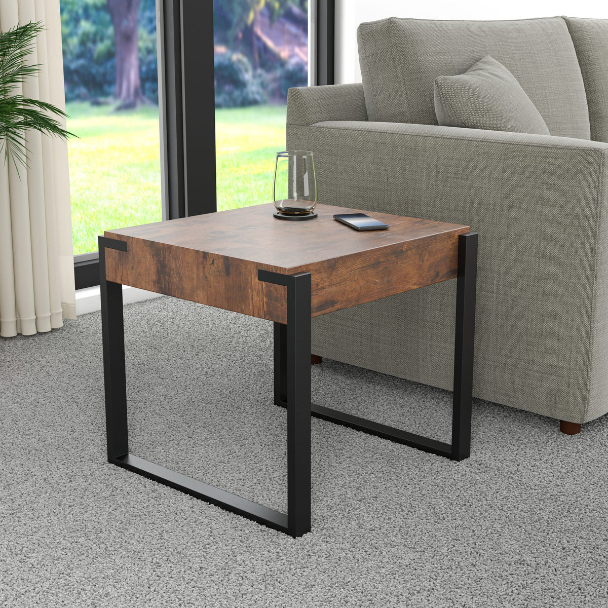 Dark Rustic Wood Black Metal Legs Side Table J546