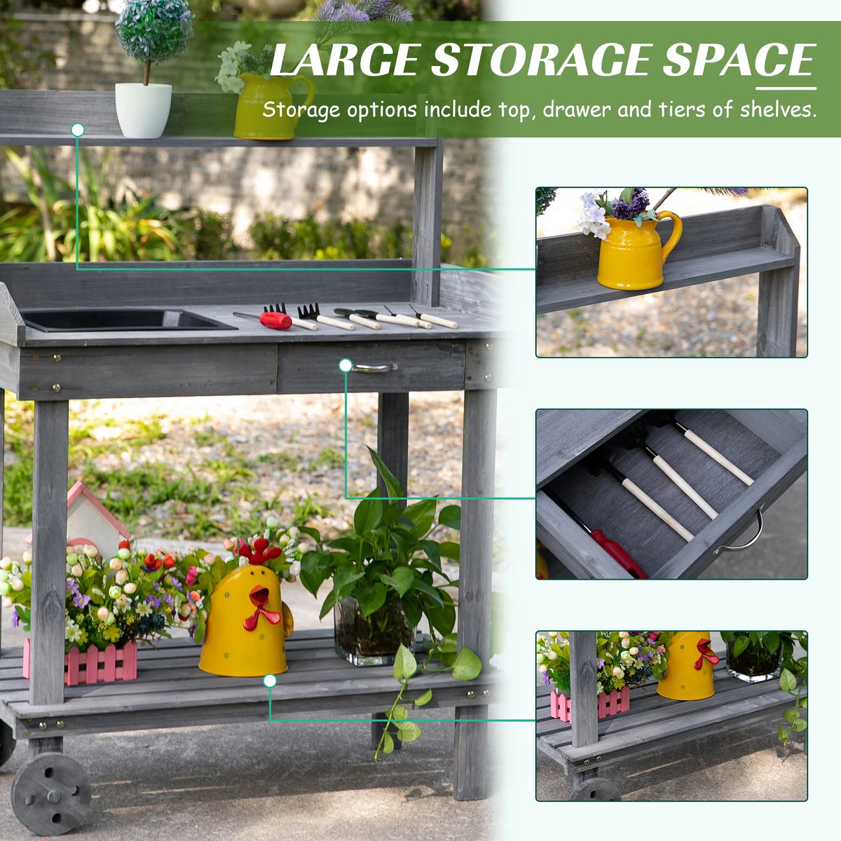 36" x 18" x 47" Wood Potting Bench Work Table with 2 Wheels, Grey M6906