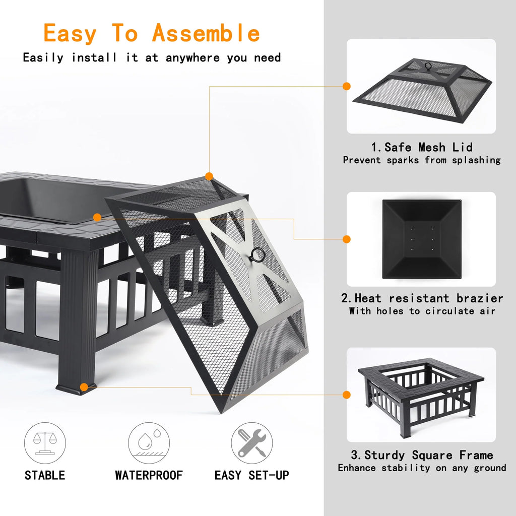 32 Square Metal Fire Pit Table with Spark Screen & Log Poker R774075