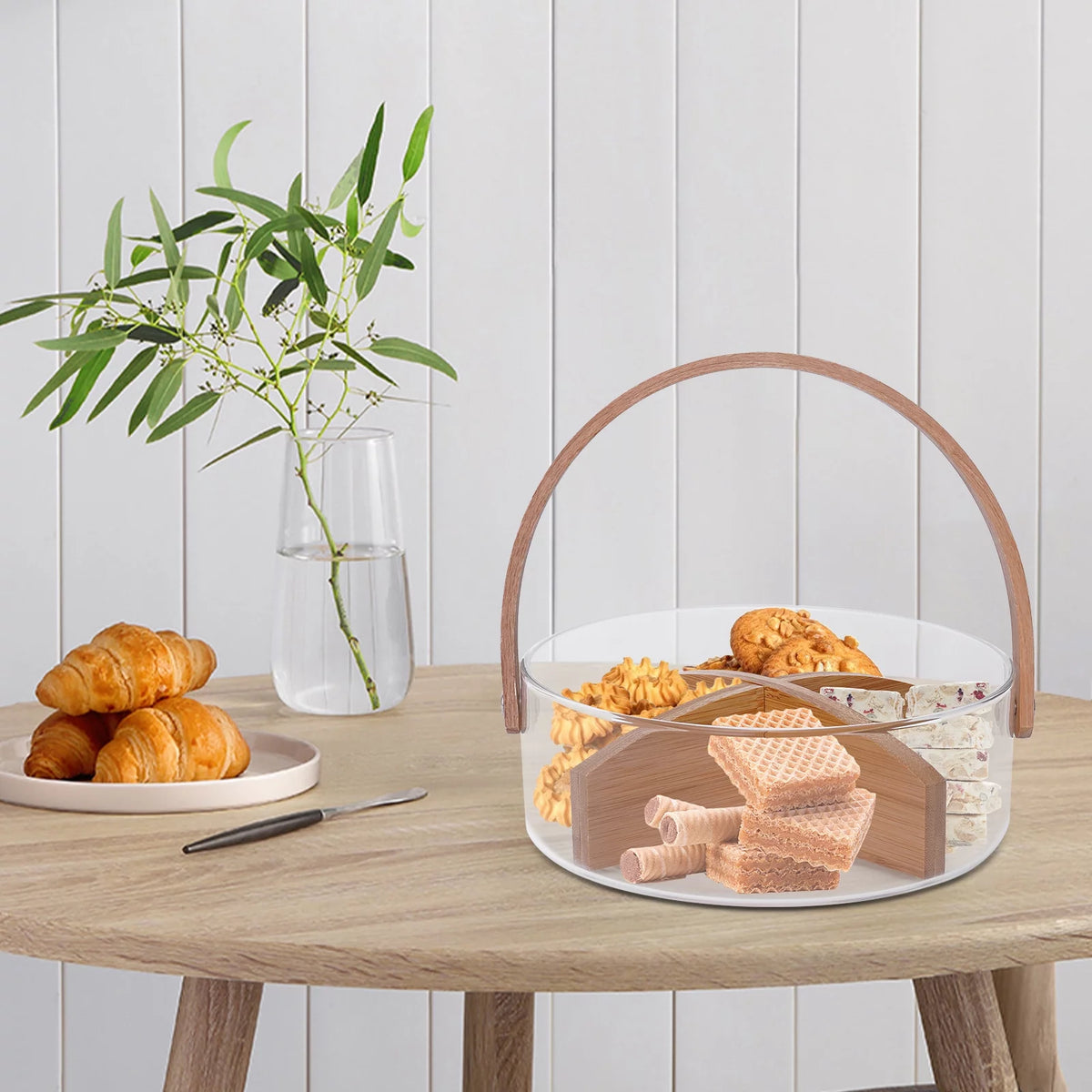 Clear Glass Fruit Serving Bowl with Wood Divider U70954
