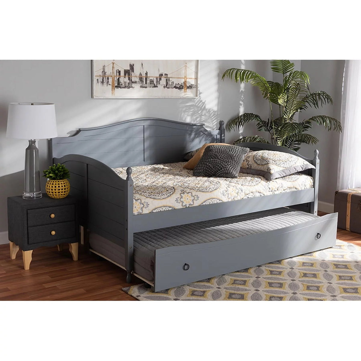 Grey Wood Full Size Daybed with Trundle Bed T48705