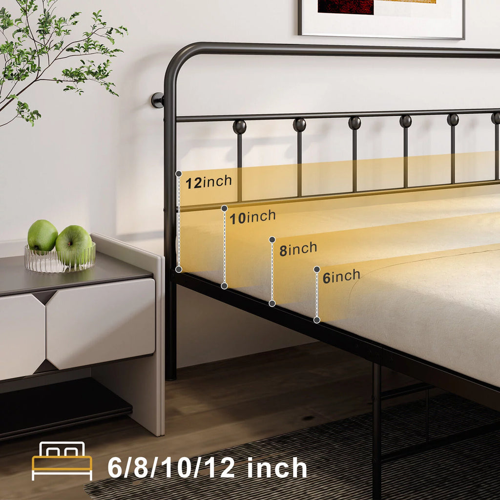 Queen Size Black Metal Bed Frame with Headboard and Footboard O58352
