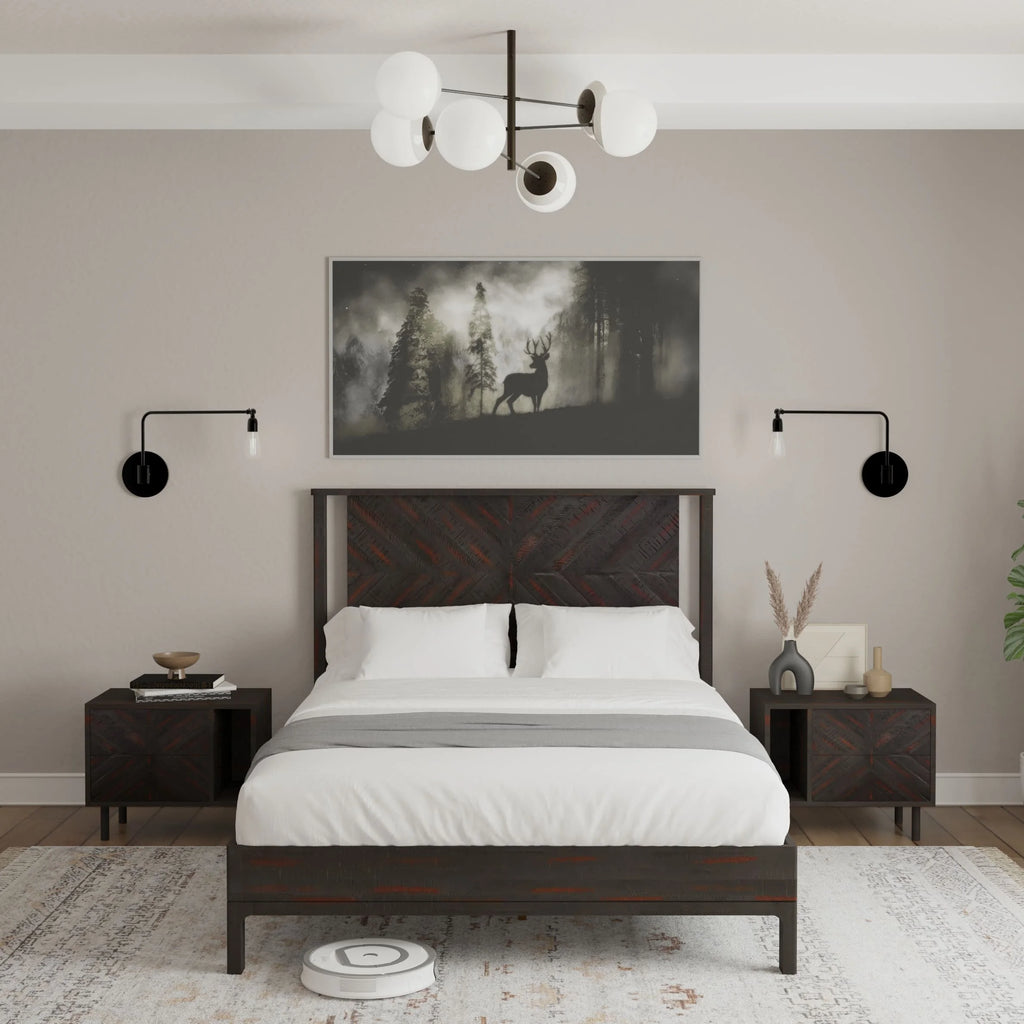 Queen Platform Bed Frame with Headboard Solid Wood Black E545169
