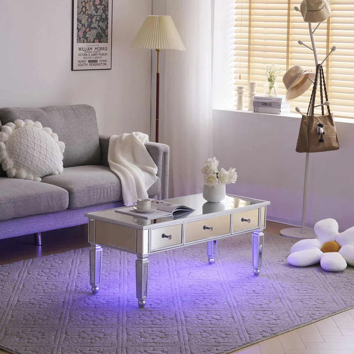 Mirrored Coffee Table with LED Light and Storage V76023