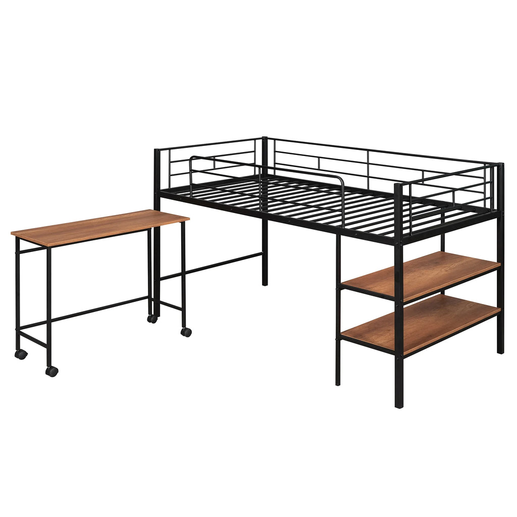 Twin Size Black Metal Loft Bed with Desk and Shelving H765