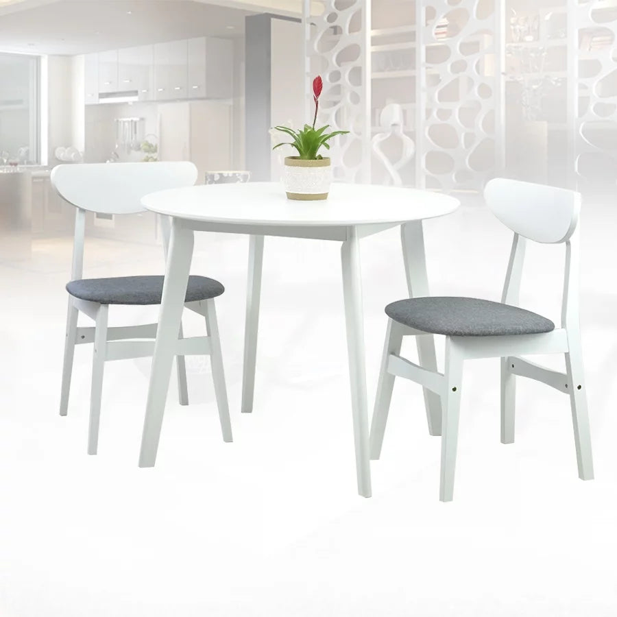Set of 2 Chairs and Round Dining Table Solid Wood Padded Seat White Q270665