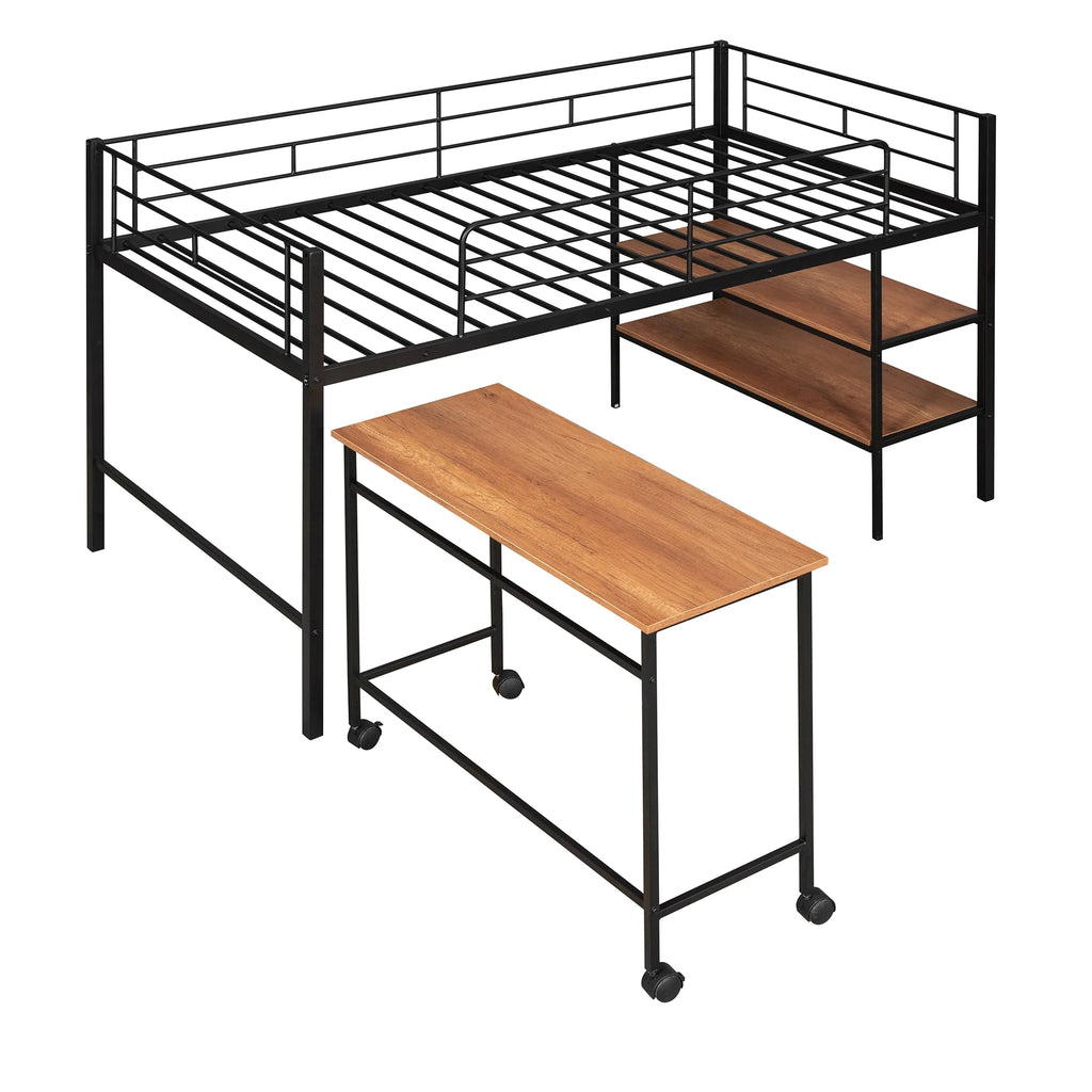 Twin Size Black Metal Loft Bed with Desk and Shelving H765