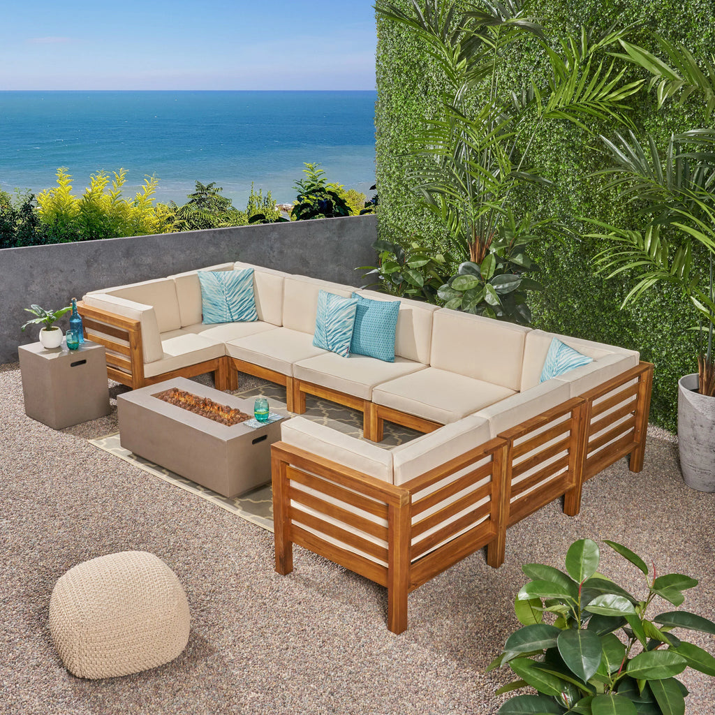 Acacia Wood 8 Seater Sectional Sofa Set with Fire Pit W6055