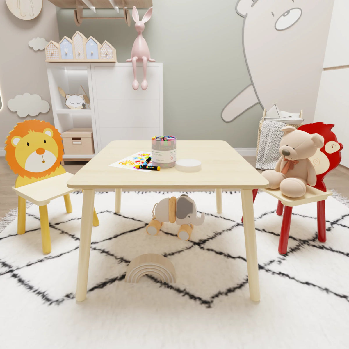 Kids Table and 2 Chairs Set 3-Piece Toddler Wooden Activity Play Table Set D481377