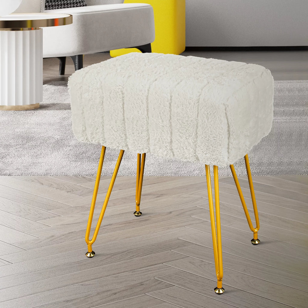 Square Faux Mink Upholstered Ottoman with Gold Legs H181019