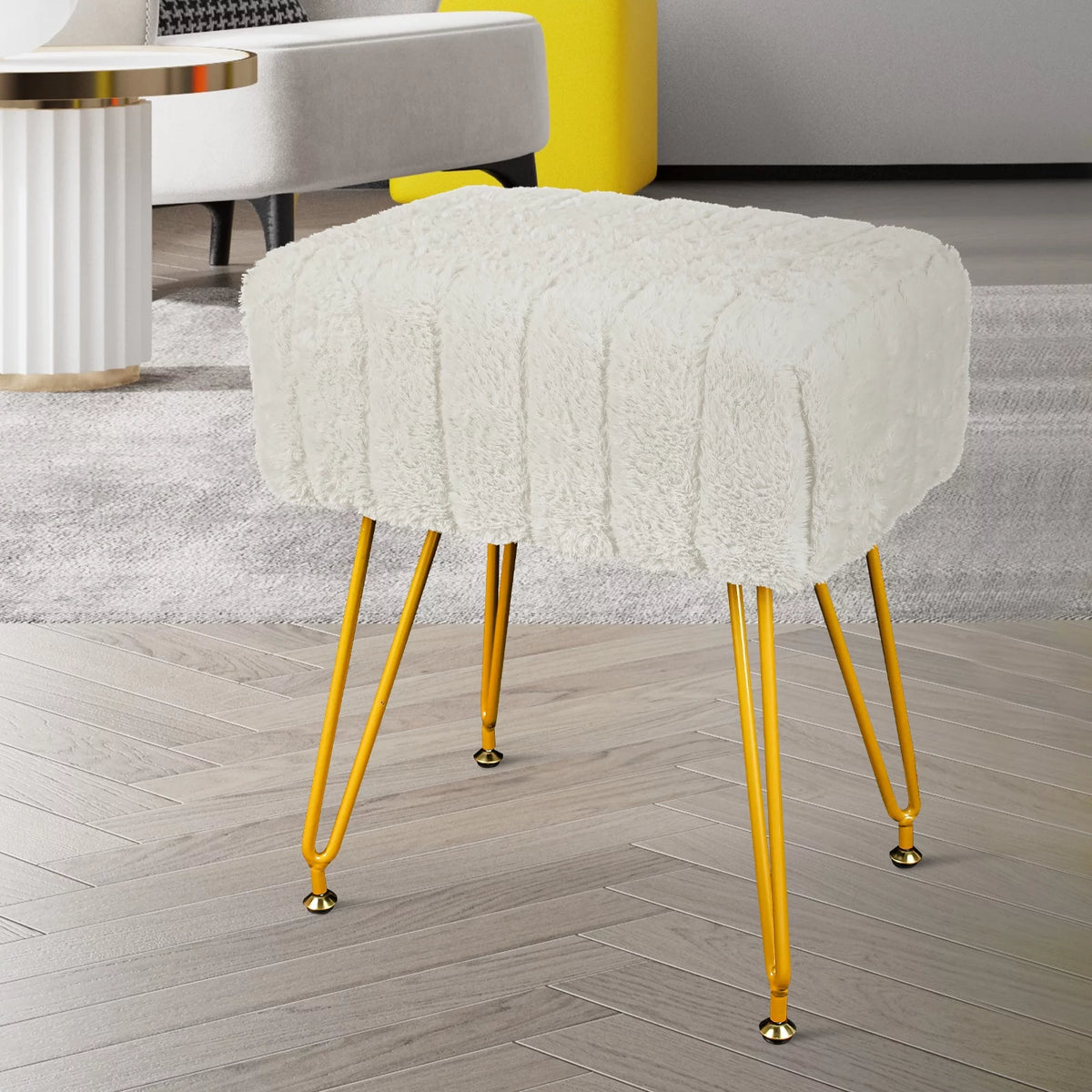 Square Faux Mink Upholstered Ottoman with Gold Legs H181019