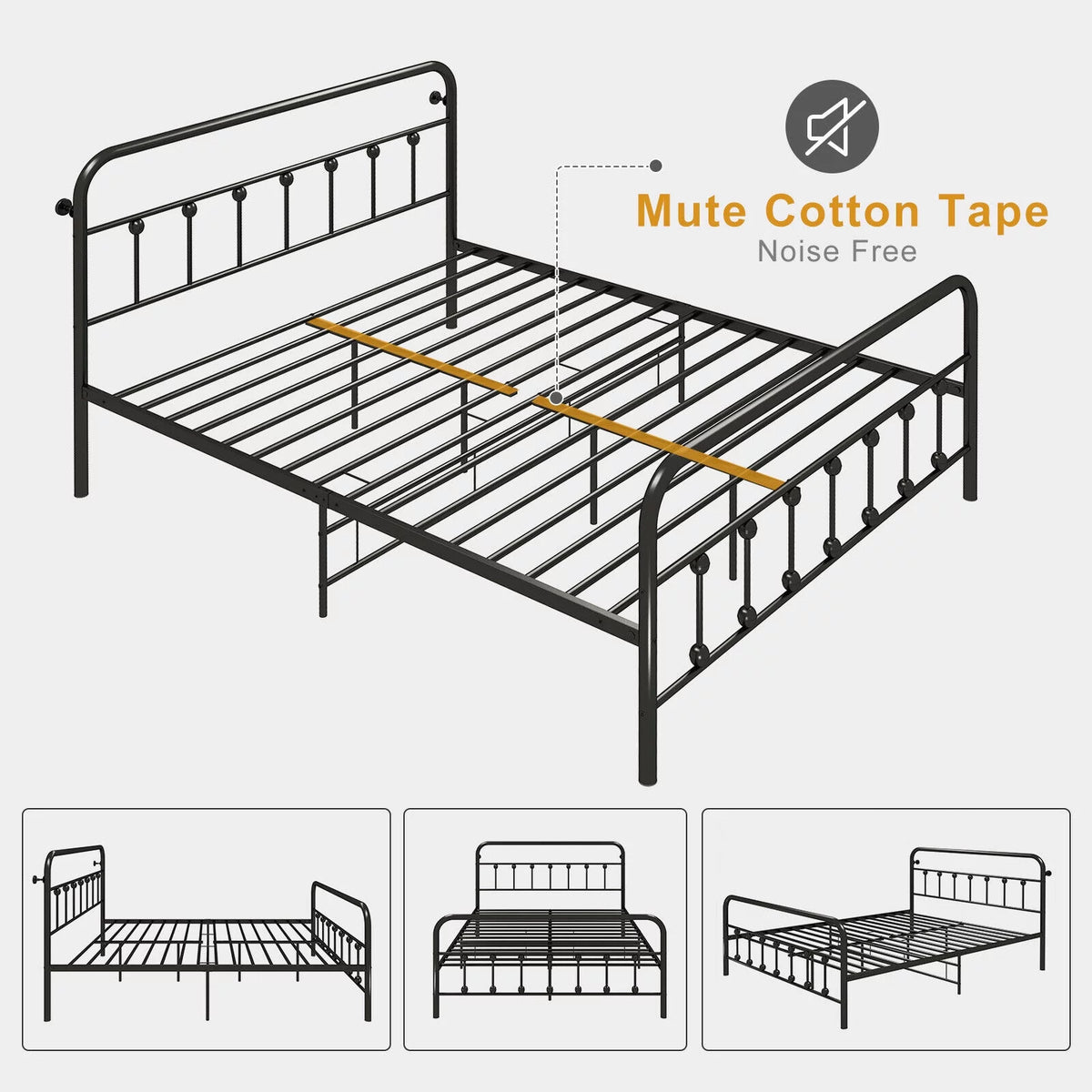 Queen Size Black Metal Bed Frame with Headboard and Footboard O58352