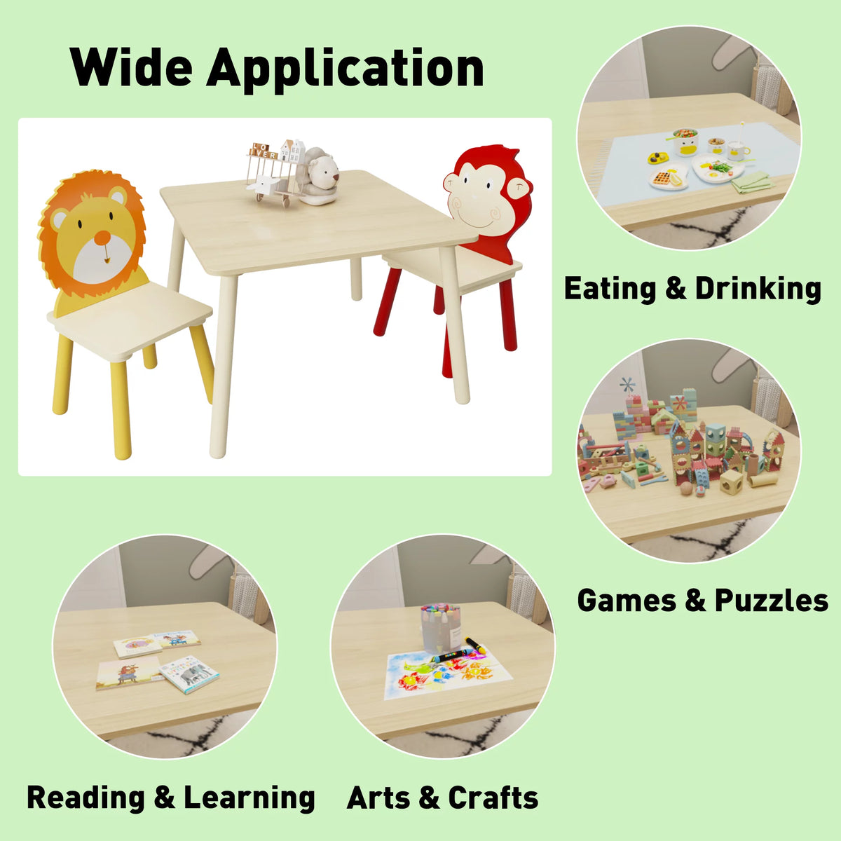 Kids Table and 2 Chairs Set 3-Piece Toddler Wooden Activity Play Table Set D481377