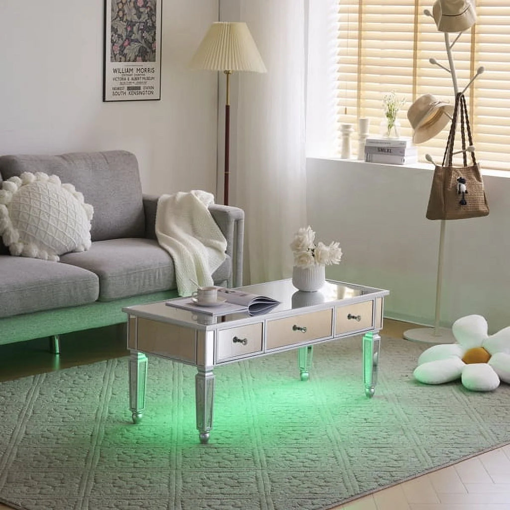 Mirrored Coffee Table with LED Light and Storage V76023