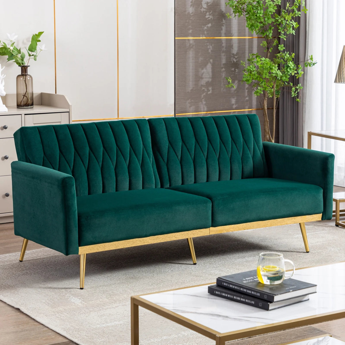 Green Velvet Convertible Futon Sofa Bed E294592