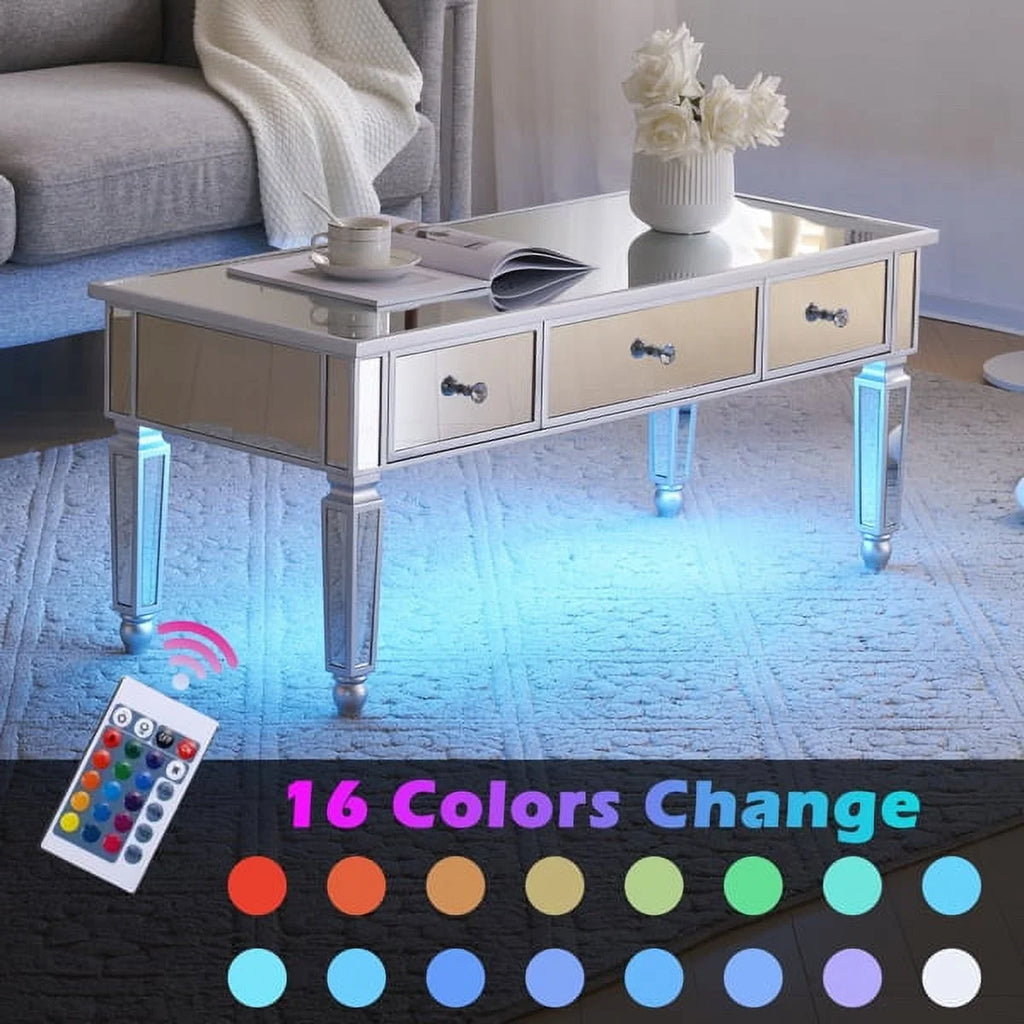 Mirrored Coffee Table with LED Light and Storage V76023