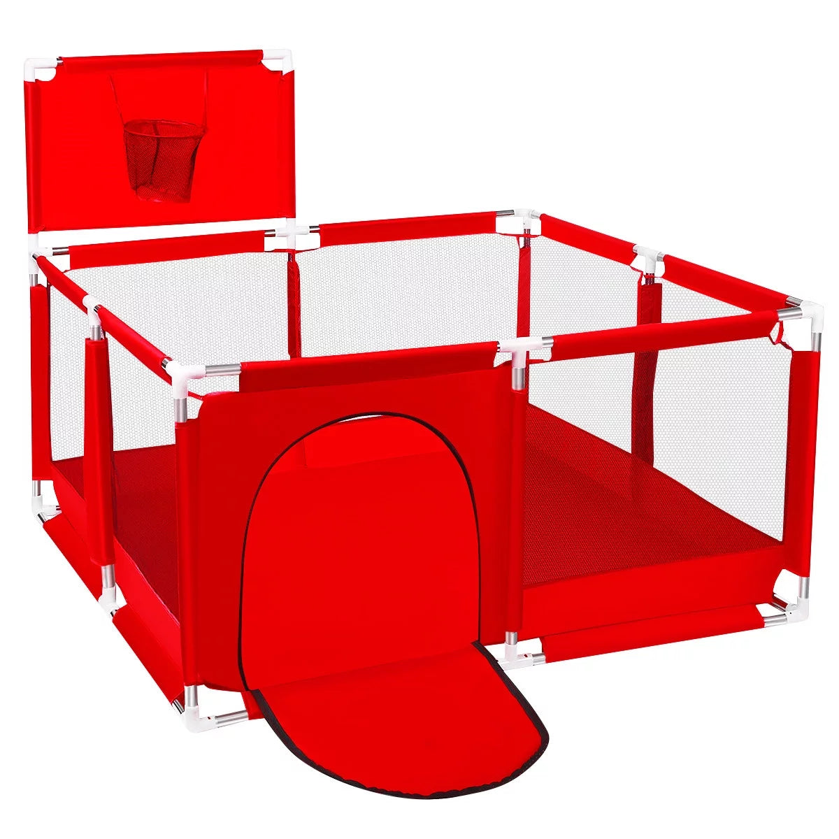Portable 4-Panel Baby Playpen with Basketball Hoop, Grey V726