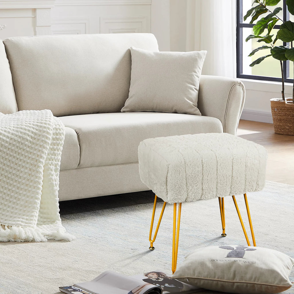Square Faux Mink Upholstered Ottoman with Gold Legs H181019