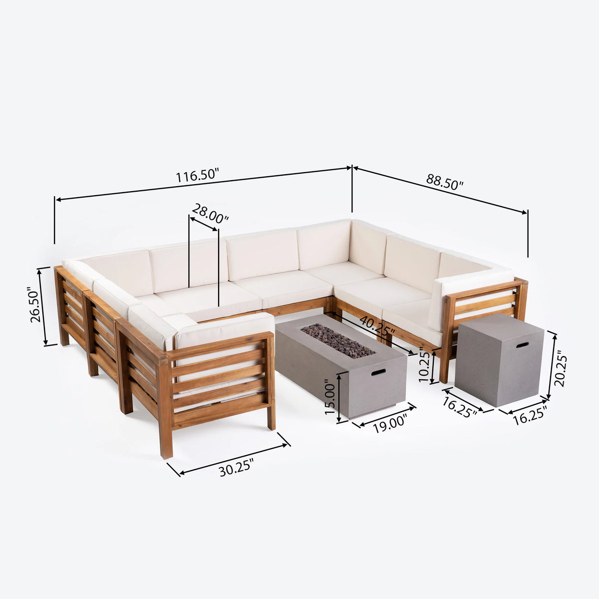 Acacia Wood 8 Seater Sectional Sofa Set with Fire Pit W6055