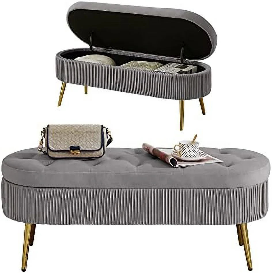 Faux Fur Ottoman Bench with Golden Metal Legs H396