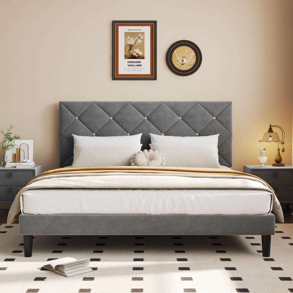 Black Queen Size Upholstered Platform Bed Frame with Headboard W41693