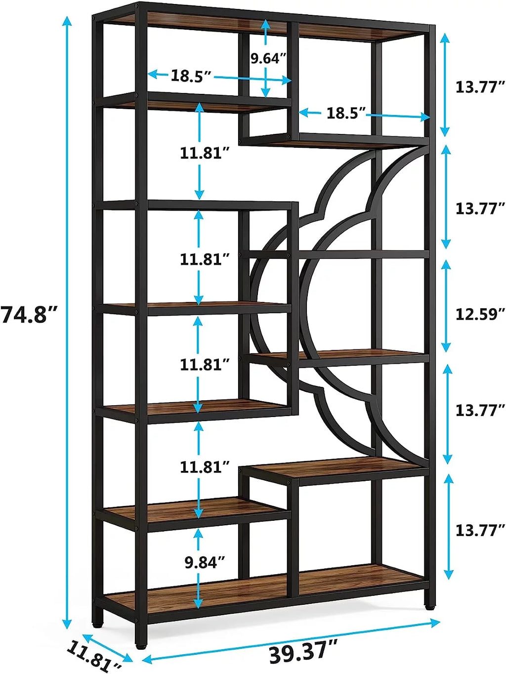 75 Inch Tall 11-Shelves Staggered Brown Bookshelf X272