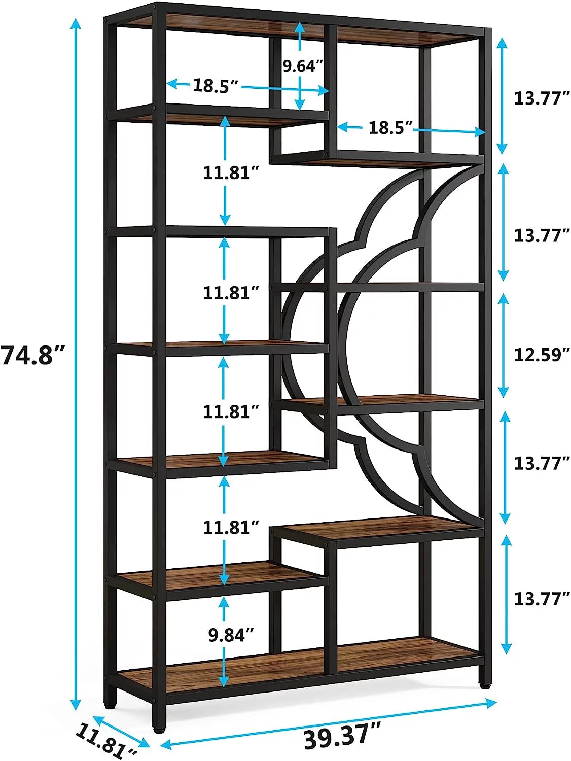 75 Inch Tall 11-Shelves Staggered Brown Bookshelf X272