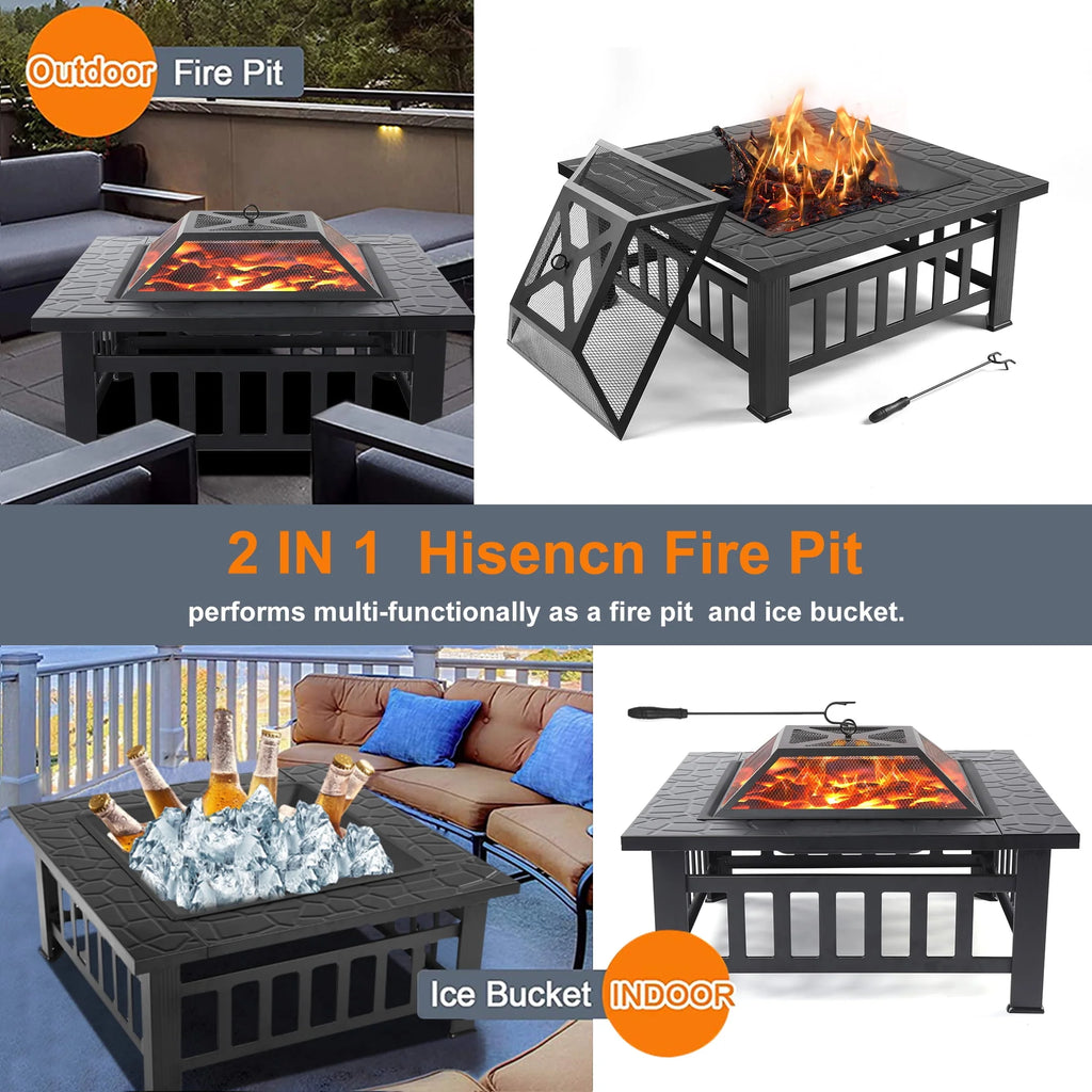 32 Square Metal Fire Pit Table with Spark Screen & Log Poker R774075