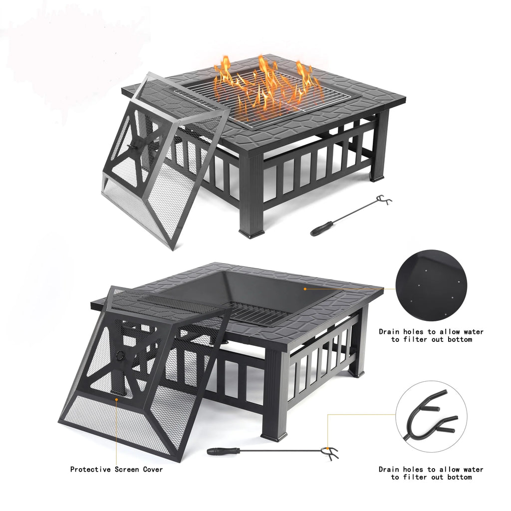 32 Square Metal Fire Pit Table with Spark Screen & Log Poker R774075