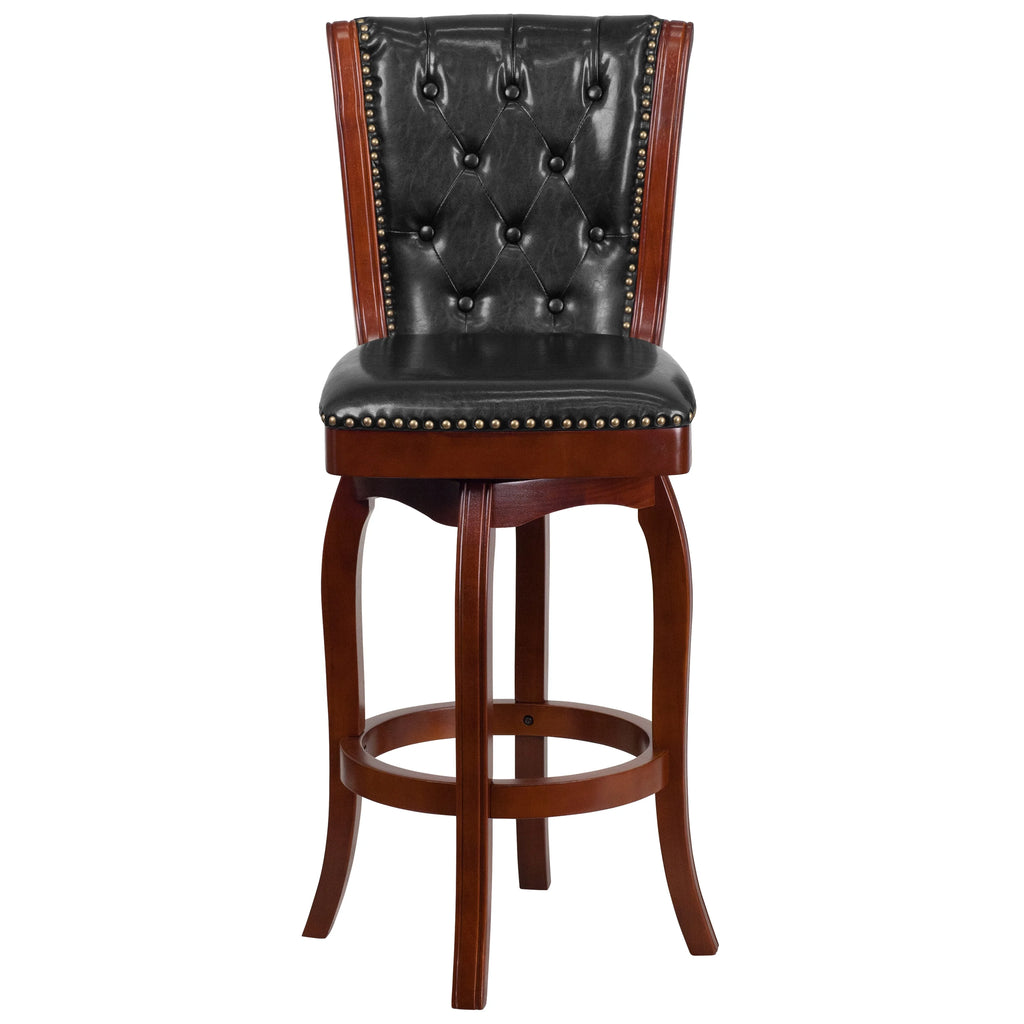 30'' High Cherry Wood Swivel Barstool with Tufted Back E3893