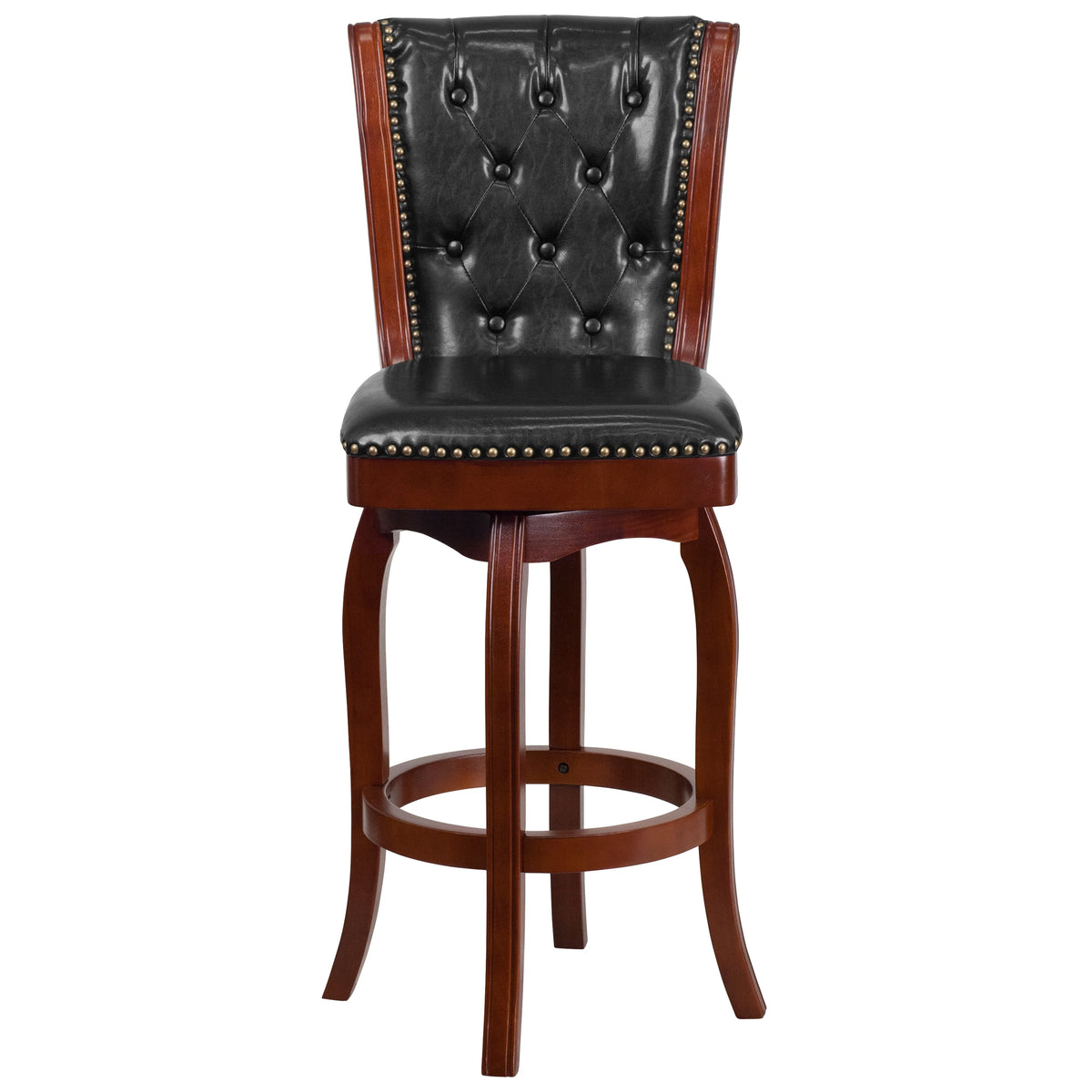 30'' High Cherry Wood Swivel Barstool with Tufted Back E3893