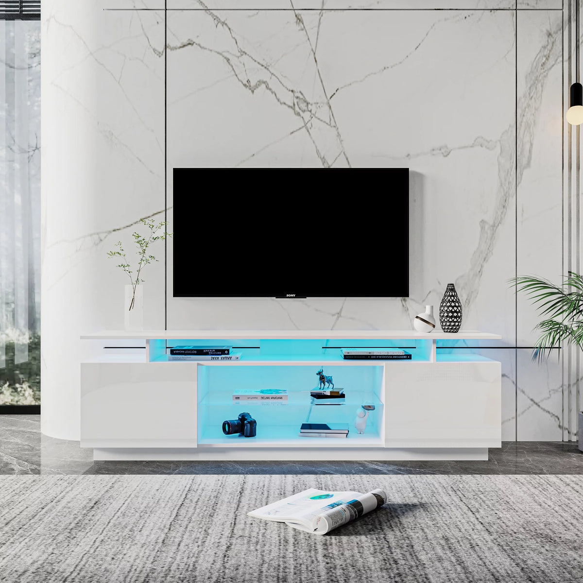 White High Gloss TV Stand with LED Light and Storage Cabinets D38876