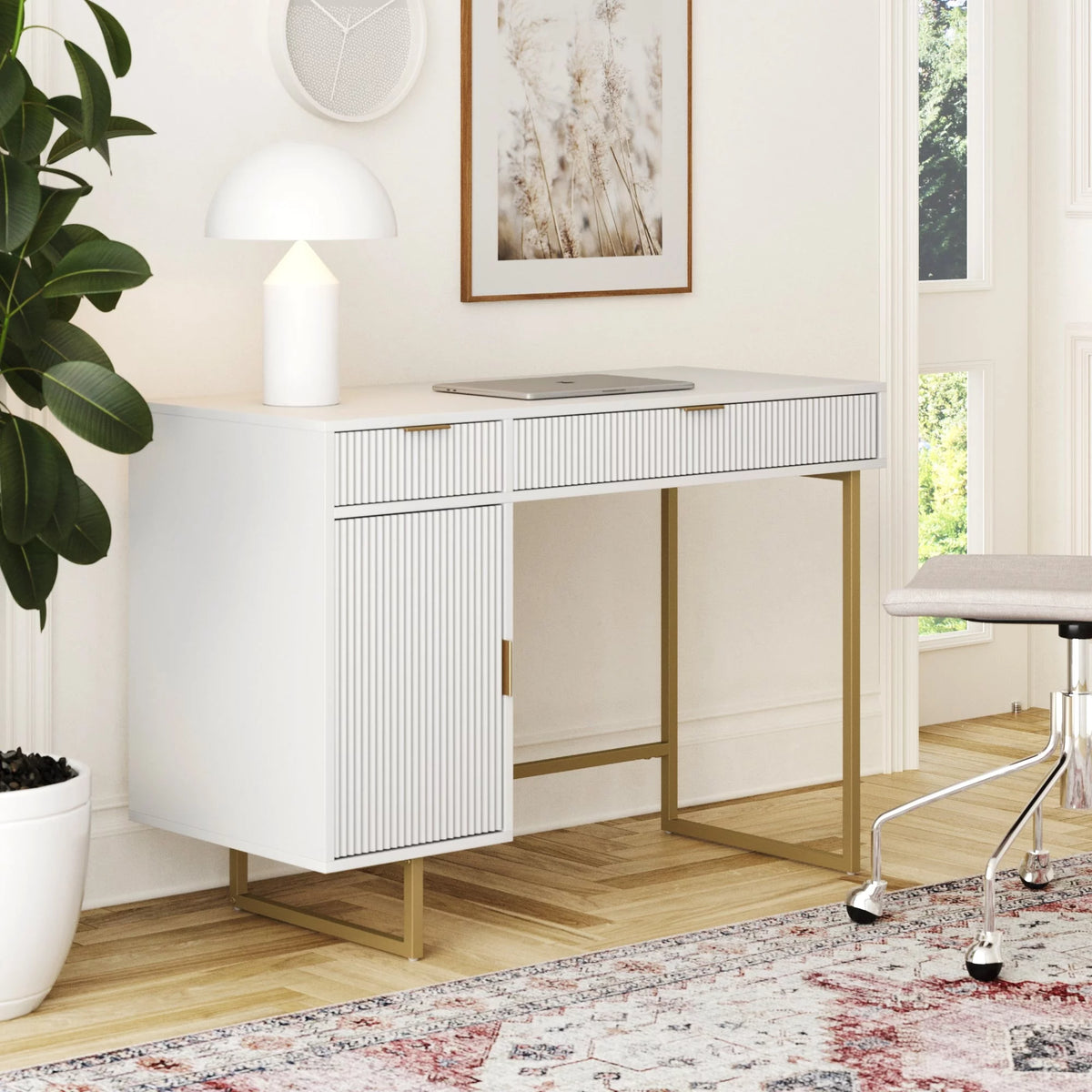 White Computer Desk with Drawers and Cabinet Storage B361482
