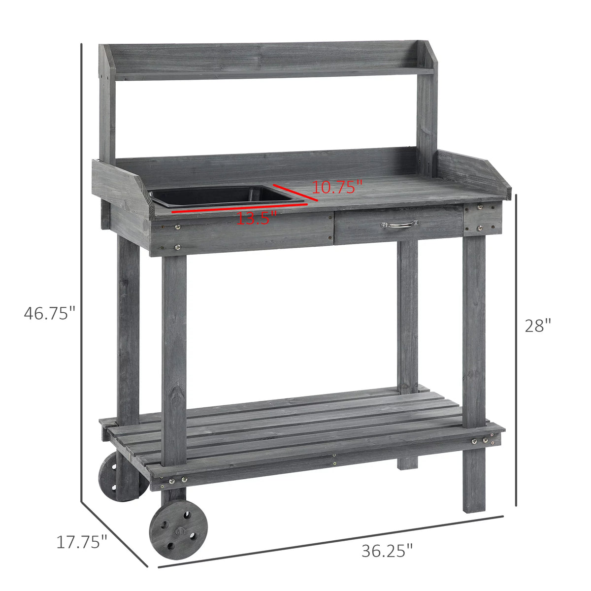 36" x 18" x 47" Wood Potting Bench Work Table with 2 Wheels, Grey M6906