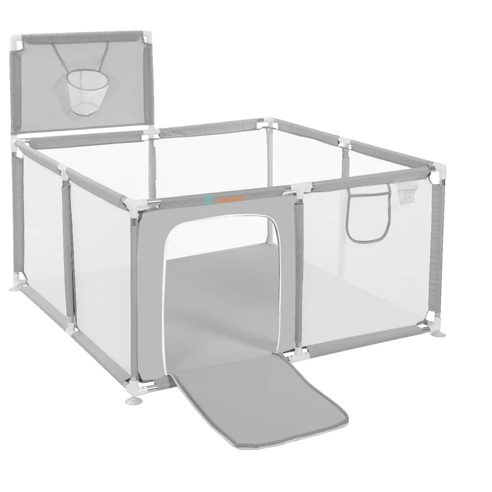 Portable 4-Panel Baby Playpen with Basketball Hoop, Grey V726