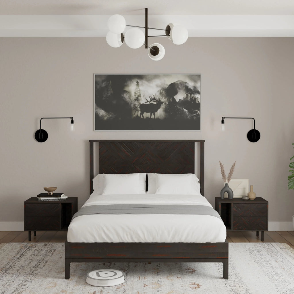 Queen Platform Bed Frame with Headboard Solid Wood Black E545169