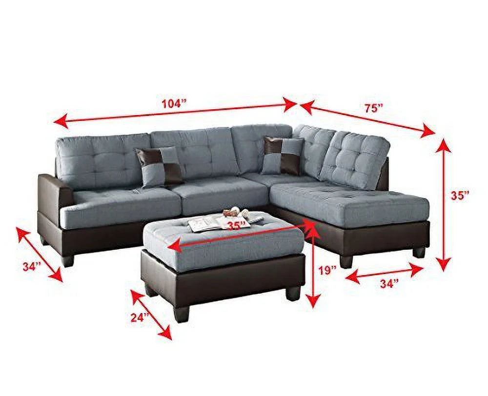 Grey Reversible Sectional Sofa Chaise Ottoman Set with 2 Accent Pillows M130