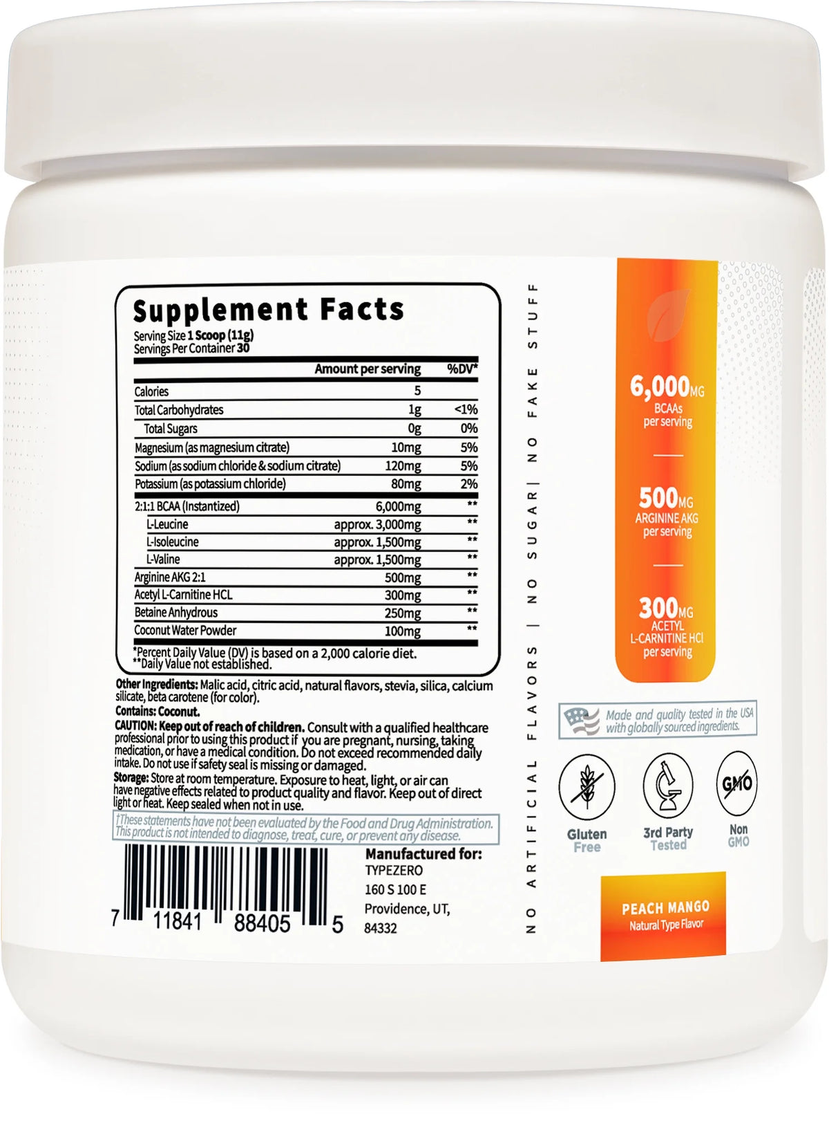 Vegan BCAA Powder + Electrolytes Peach Mango 30 Servings N4362