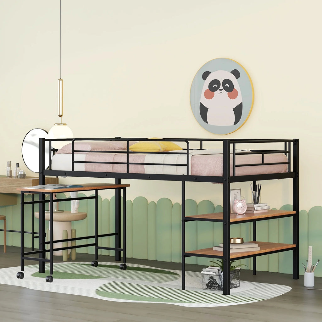 Twin Size Black Metal Loft Bed with Desk and Shelving H765
