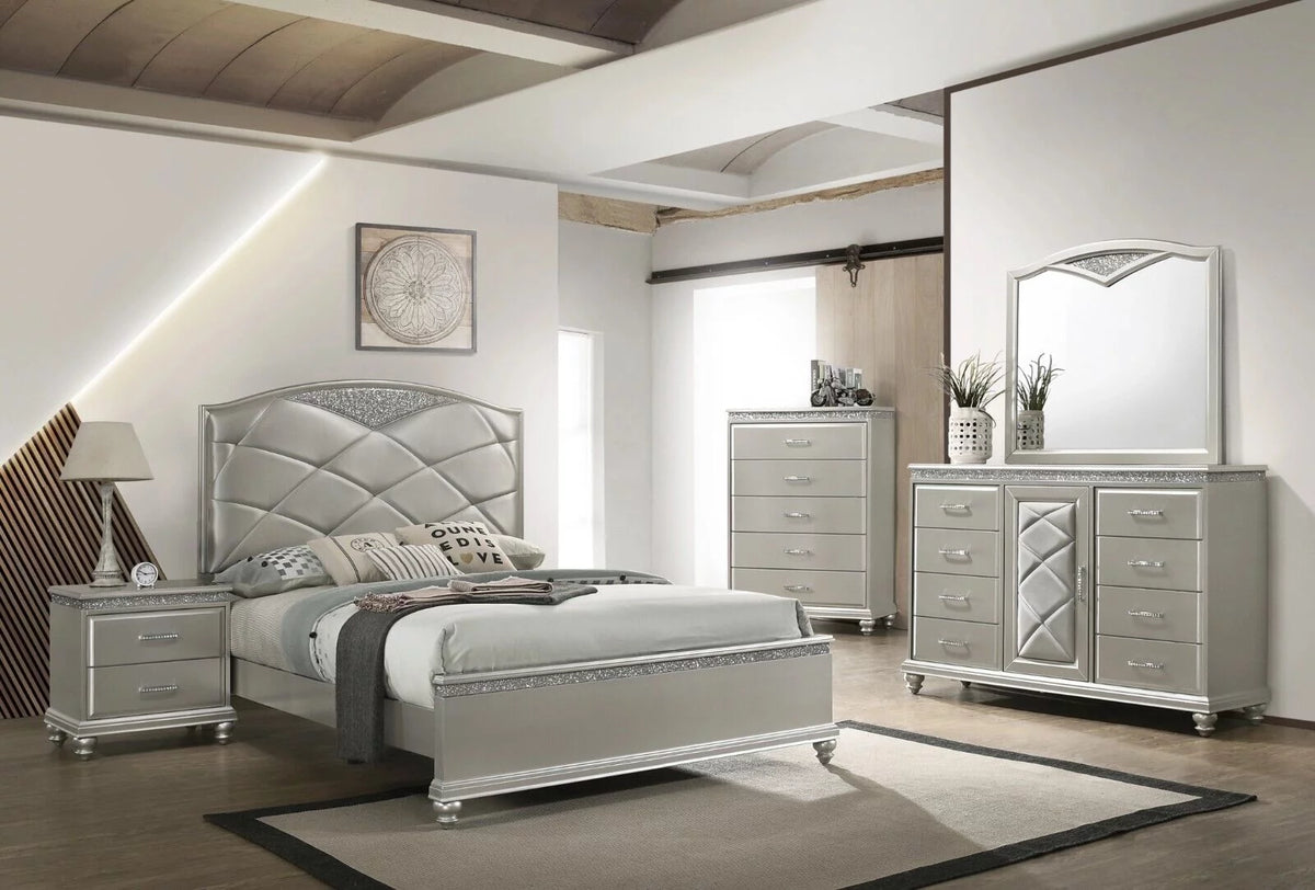 Queen Size Panel Bed Dresser Mirror Nightstand Chest Wooden Bedroom Furniture Set P6790